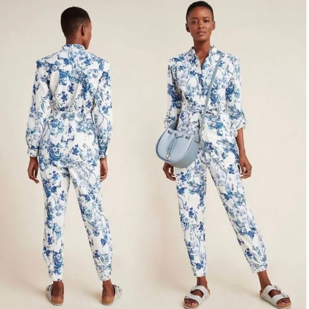 Anthropologie Lucienne Utility Jumpsuit Botanical Floral White